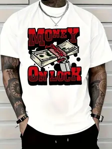Men'S 'MONEY ON LOCK' Graphic T-Shirt - Oversized Streetwear Tee with Bold Red & Money Print, Stacked Cash & Golden Chain Design - Hip Hop Fashion Loose Fit Crew Neck Short Sleeve Shirt for Casual Wear, Rap Artist Outfits & Statement Gifts