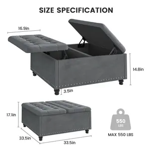 DAYAGO Modern 33.5"W Upholstered Square Ottoman - Split Lift-Top Storage Coffee Table, Soft Seat for Living Room, Bedroom