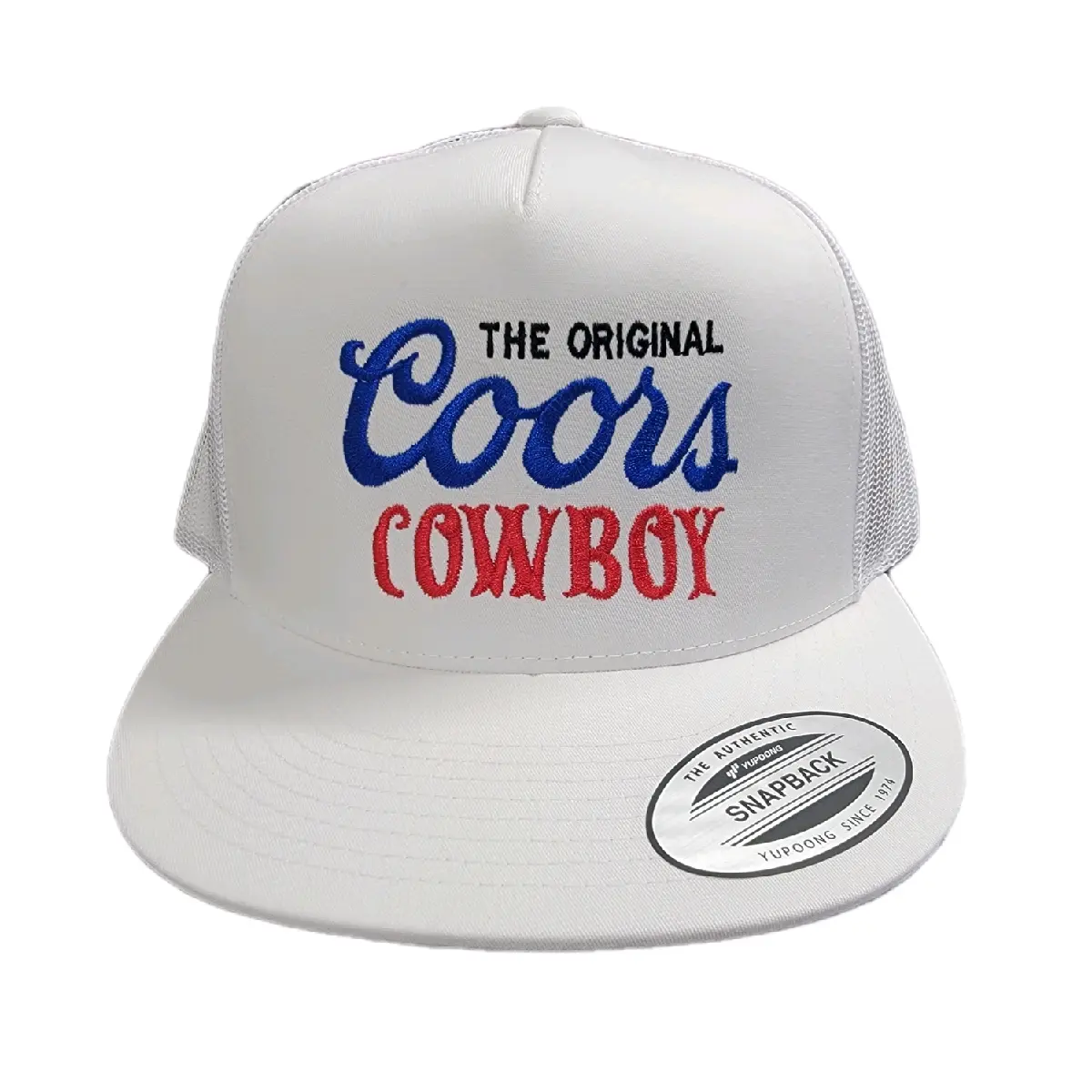 Original Coors Cowboy Embroidered Logo Mesh Trucker Cap - Solid Color, Adjustable Snapback Hook-and-Eye Closure, Direct Embroidery, Flat Bill, All-Seasons Breathable Fit, Sports & Outdoor Hat