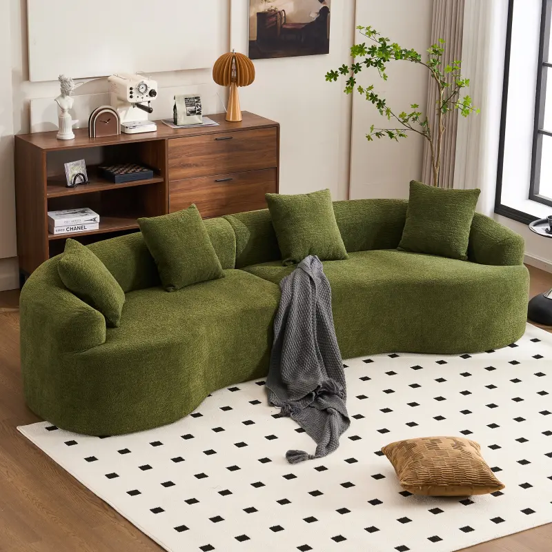 LY-025 Boneless Sectional Couch - Forest Green 4-Seat Curved Chenille Foam Modular Sofa, 30D High-Density Full Compression Sleeper with Rounded Edges for Apartment & Children, 800 lbs Capacity, 110.20 x 39.40 x 25.60 in, Sponge