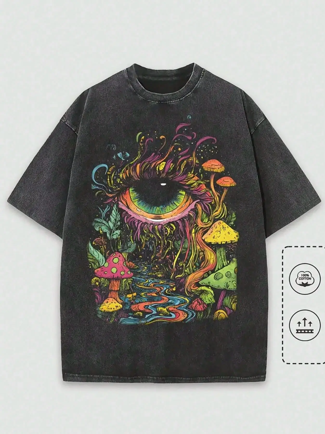 Men's Classic Wrinkle-Resistant Oversized Short-Sleeve Crewneck (Round Neck) Tops - Washed Black Cotton Fabric, Vintage Trippy All-Seeing Eye Magic Mushroom Psychedelic Forest Print, Rainbow Hippie Nature River Cargo Pants-Inspired Layered Workwear Vibe