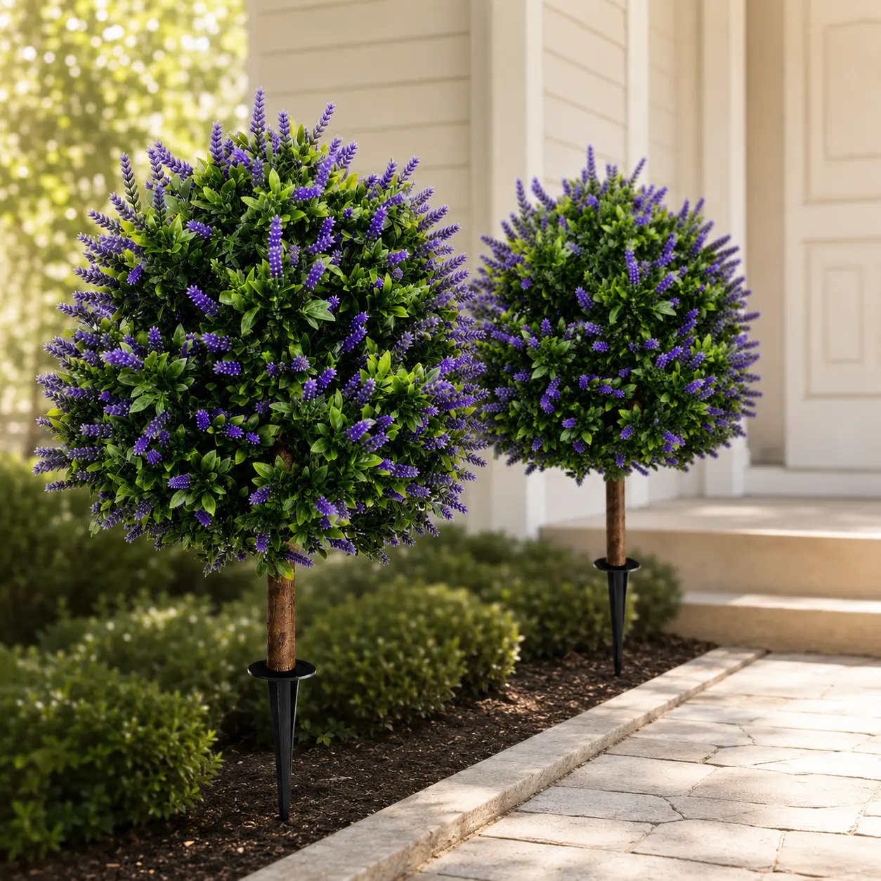 2-Pack 22-Inch Faux Lavender Topiary Trees with Ground Stakes, UV-Resistant Artificial Shrubs for Porch, Patio, Garden & Home Decor