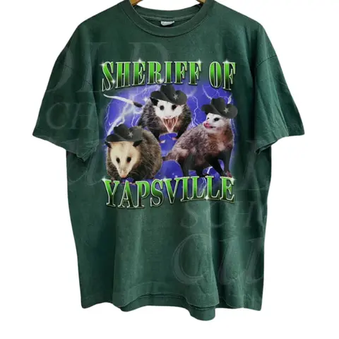 Graphic Tee Sheriff Of Yapsville Possum Funny Unisex, Vintage 90s Retro Graphic Top, All-Season Short Sleeve Crew Neck, Bold Y2K Print, Silly Weird Shirt for Party & Joke Gifts