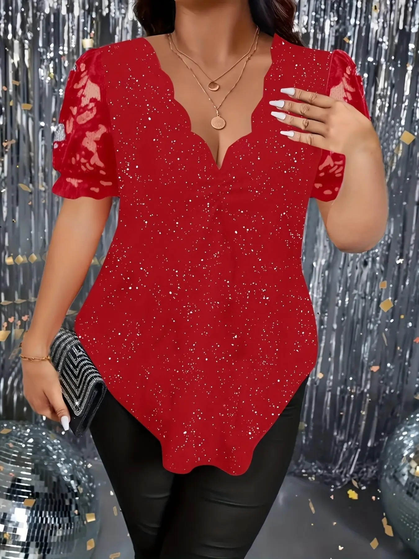 Elegant Plus Size Women's Top T-Shirt, Sparkly Glitter Lace, Wavy V-Neck, Short Sleeve, Casual Stylish and Comfortable, Perfect for Daily Wear