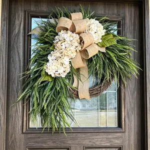 Champagne Hydrangea & Green Willow Leaf Front Door Wreath, Round Wreath Decorations, Rustic Vine Garland with Linen Bow Decor, Farmhouse Artificial Floral Wall Ornament for Home Porch Indoor Outdoor Decoration