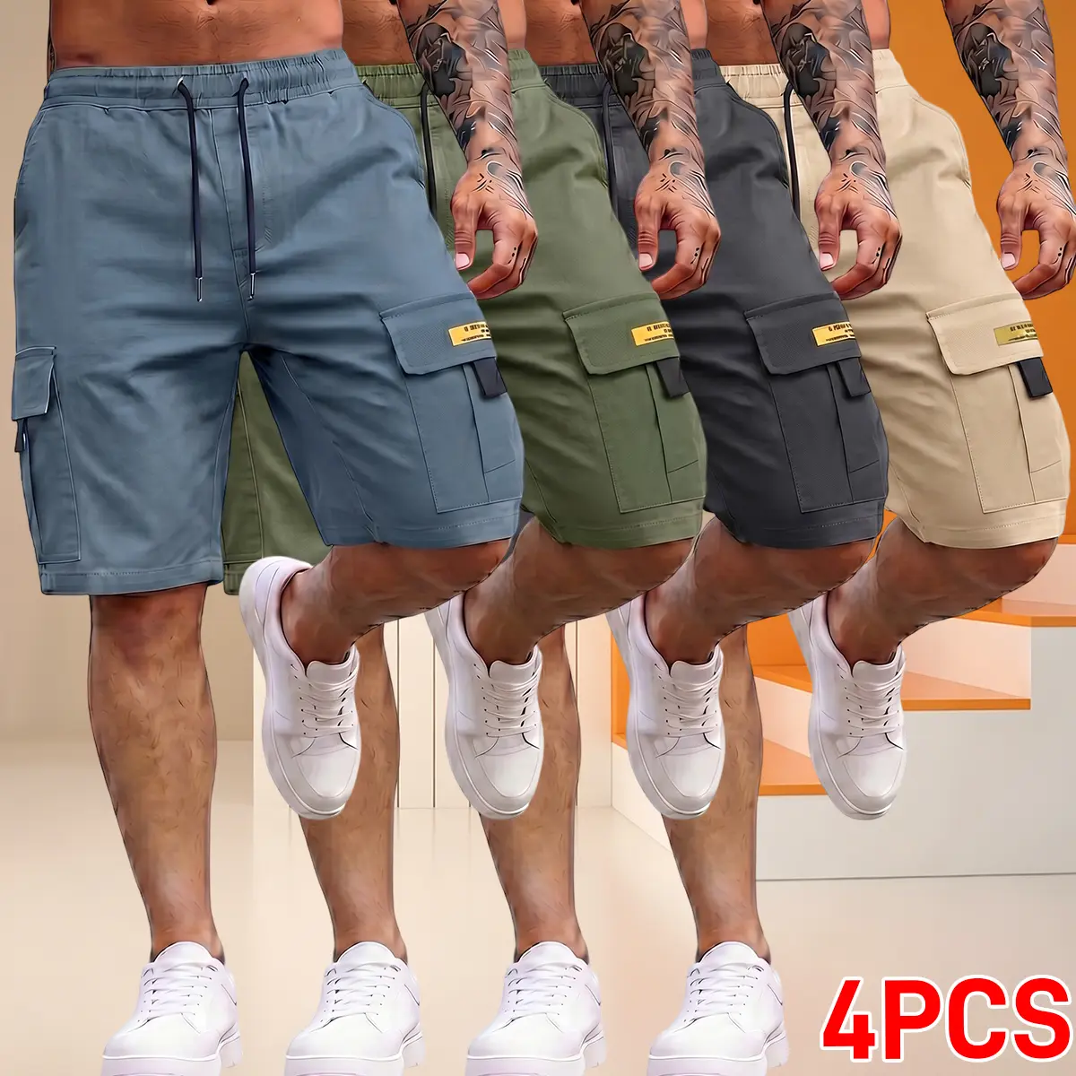 4-Pack Men’s Polyester Workwear Athletic Shorts — Quick-Dry, Breathable Outdoor Work Shorts with Elastic Drawstring Waist, Multiple Pockets, Small Tag Detail, Wrinkle-Resistant Loose Fit, Sweat-Wicking Running Shorts; Suitable for Hiking, Fishing, Everyda