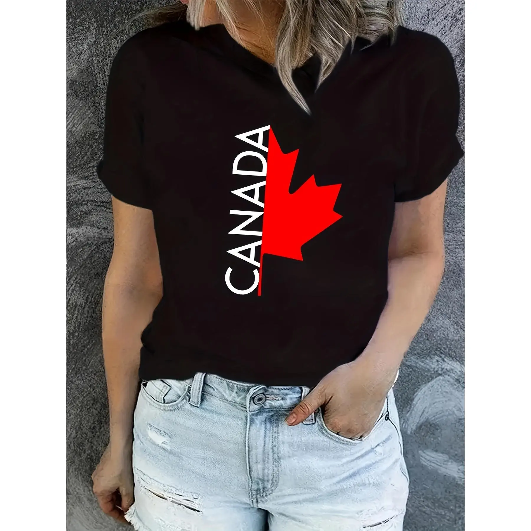 Women's Casual Canada Flag Graphic T-Shirt - Bold Maple Leaf Print, Contrast Color Block Design, Regular Fit Round Neck, Machine Washable All-Season Comfort, Ladies T Shirts, Comfortable Clothing, Easycare Top