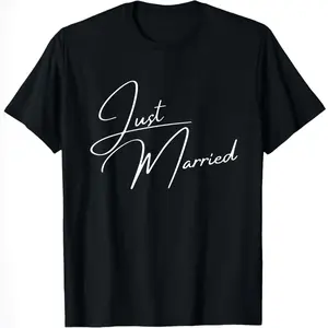 [Graphic T-Shirt] 100% Cotton Just Married Personalized Couple Matching Shirt Wedding Honeymoon Gift His and Hers Casual Unisex T-Shirt