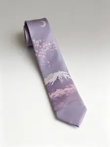 Luxury Mount Fuji & Sakura Moon Skinny Tie, Floral Pattern Tie, Cherry Blossoms, 2400-Needle Jacquard Woven, Ukiyo-e Art inspired, Japanese Art, Designer Tie with Gift Box, Wedding Accessory, Unisex Tie, Elegant Tie