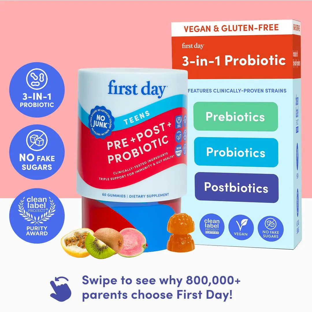 First Day Teen Tribiotic Gummies Ages 13-17, Natural Passionfruit Kiwi Flavor — Livaux Prebiotic, SNZ 1969 Probiotic, FloraSMART Postbiotic — Gut Health, Immunity, Clear Skin, Bloating Relief — 30-Day Supply, Vegan, Non-GMO, No Junk