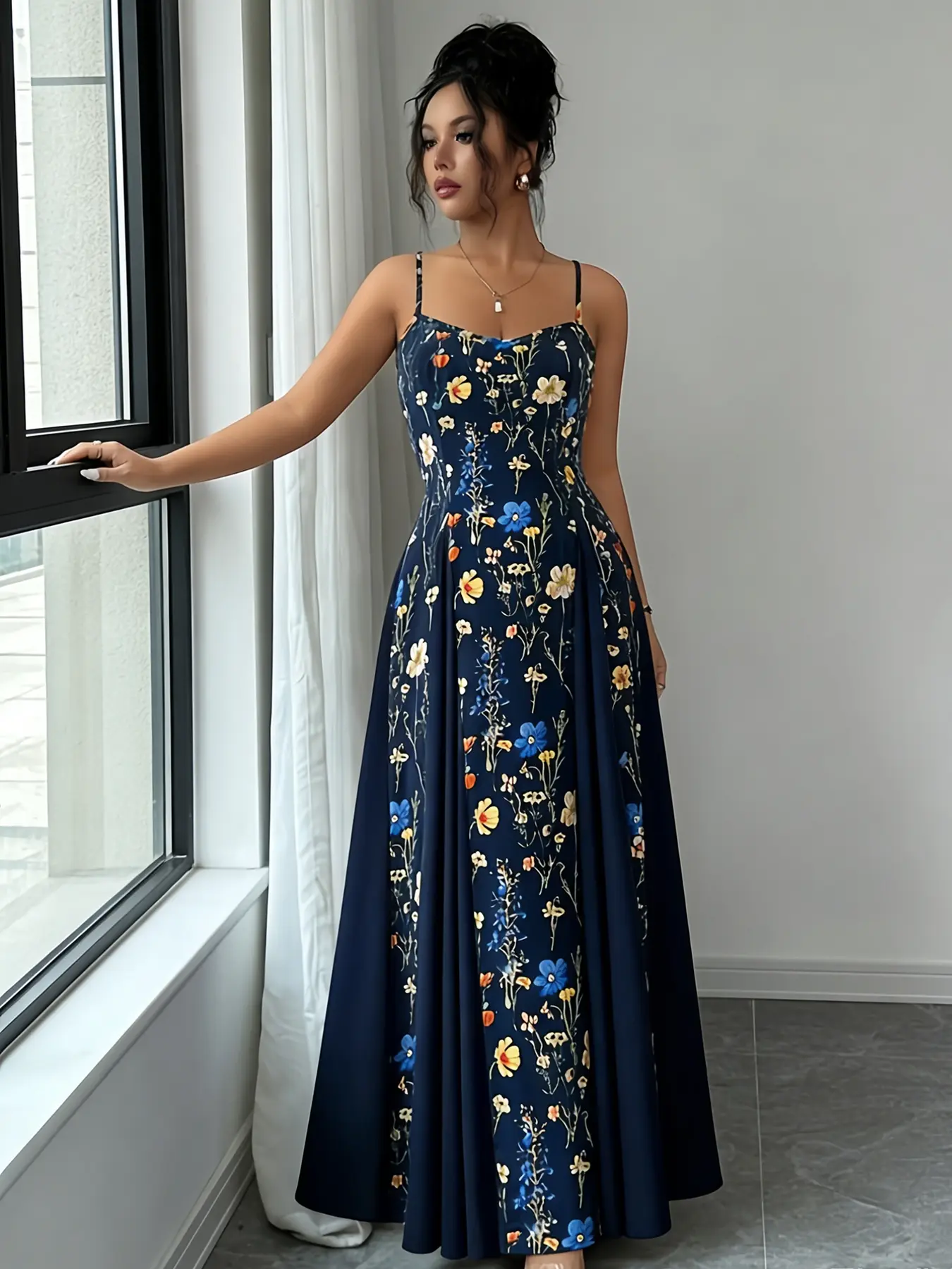 A fashionable women's navy blue floral print Sleeveless camisole dress with delicate floral print. The camisole design is off the shoulder and suitable for commuting to work, shopping, and outdoor wear