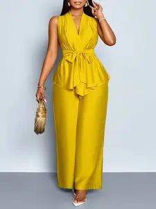 Women's Plus Size Fashion Chic Spring Summer New Solid Color Sleeveless Waist Cinching Belt Slimming Cardigan Top and Wide Leg Pants Set