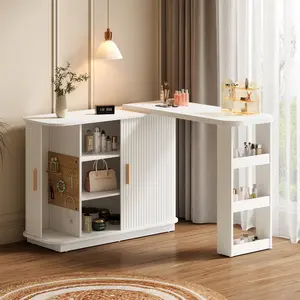 Extendable Vanity Table with Roller Shutter, L-Shaped Corner Makeup Desk with Adjustable Shelves, Storage Furniture for Bedroom, White