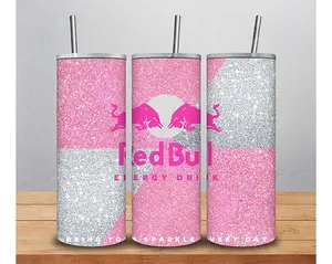Pink Glitter Red Bull Tumbler 20oz Sparkly Cup With Straw, Cute Aesthetic Drinkware, Shiny Pink And Silver Glitter Design, Perfect Gift For Her, Stylish Insulated Travel Mug For Coffee, Tea, And Energy Drink Lovers