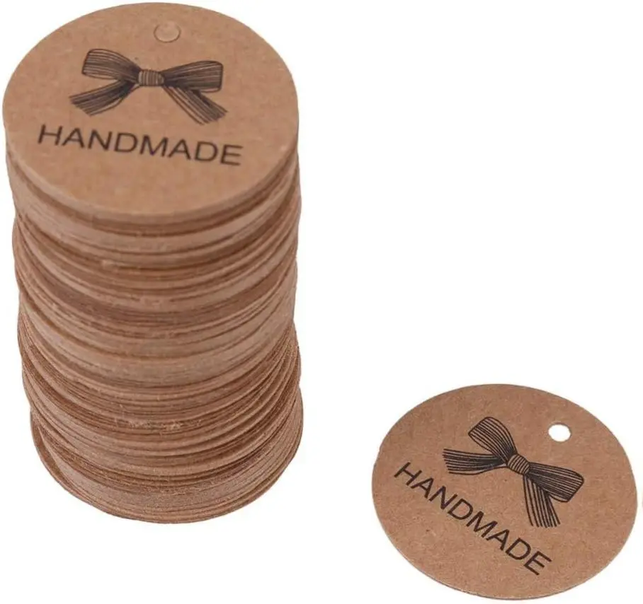 Personalized Handmade Tags 100PCS Kraft Paper Round Brown Gift Labels for Clothing Jewelry Price Label with Customizable Ribbon or String
