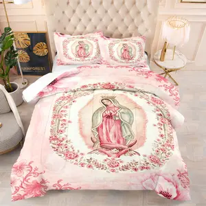 2/3Pcs Our Lady of Guadalupe Comforter Set, Pink Rose Butterfly Bow Print Quilt Bedding Set with Pillowcases, Devotional Catholic Bedding for Women Girls Believers, Blessed Faith Aesthetic Bedroom Prayer Room Decor