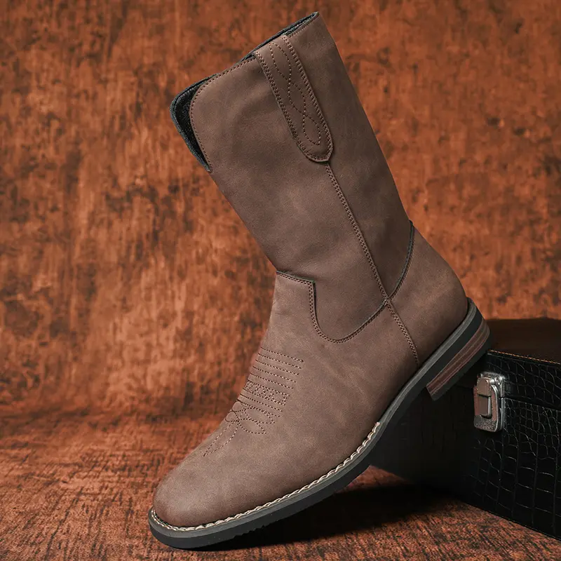 CYUW men’s straight-cut mid-calf Western boots with pointed toe and slip-on design; workwear boots suitable for outdoor activities and commuting; versatile high-top boots for all seasons backtoschool