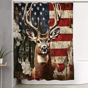 1/4pcs Patriotic Deer & American Flag Bathroom Set 4-Piece - Shower Curtain Sets, 2 Bath Mats, Toilet Seat Cover, Rustic Forest Patriotic Nature Decor, Perfect for 4th of July Memorial Day Decorations