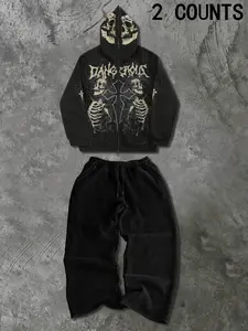 Winter Street Style Hoodie and Pants Set, Dark Skull Design, Loose Fit, Casual Warm for Men & Women, Two-Piece Set