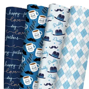 Father's Day Wrapping Paper - Blue Gift Wrap for Men With Happy Father's Day, Best Dad Ever, Hat, Tie, Mustache and Plaid Design - 20×29 Inches, 8 Folded Sheet