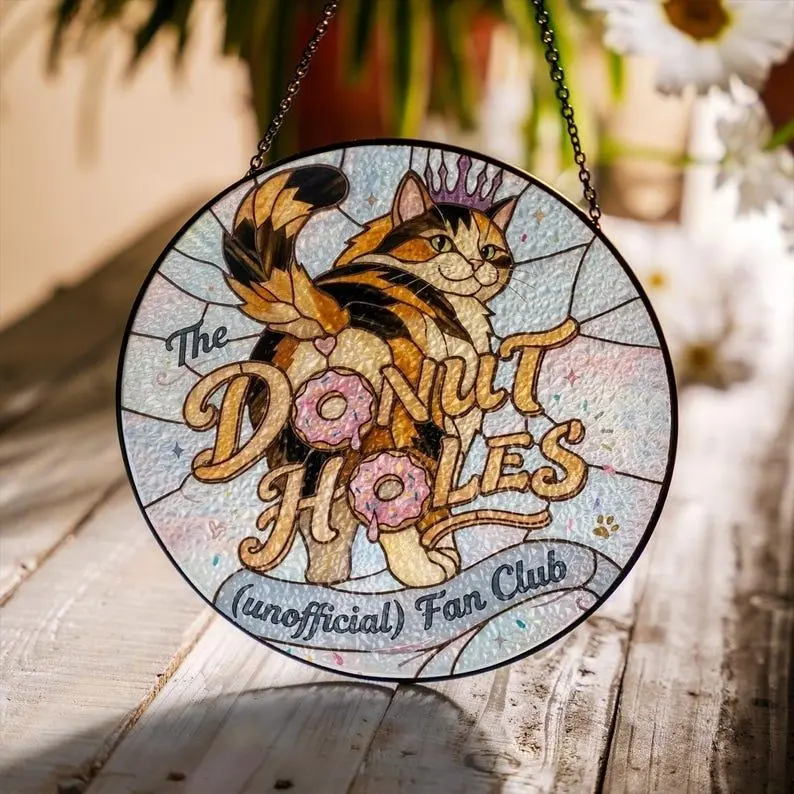 The Donut Holes Fan Club Stained Glass Suncatcher, Dungeon Crawler Carl Window Hanging, Princess Donut and Mongo Wall Decor, Cat Lover Gift