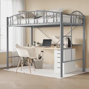 Garvee loft bed for double bed, sturdy metal frame with curved safety rail and safety ladder, space-saving, no box spring bed required, modern gray