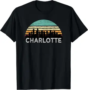 100% Cotton Retro Charlotte North Carolina print Skyline Art Gift Funny Creative Graphic T-Shirt