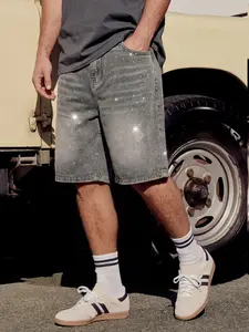 Men's gray straight-leg casual Denim Streetwear jeans feature white heat-embossed sequin patterns and full-panel sequin inlay craftsmanship, creating a dazzling visual effect