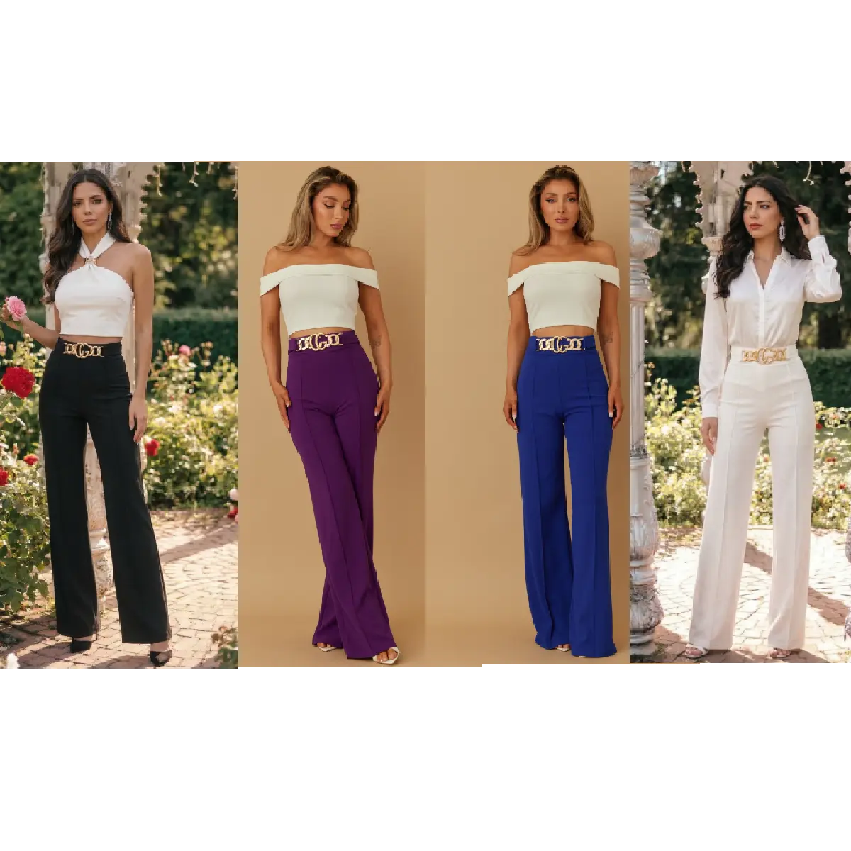 HIGH WAIST BUCKLE HARDWARE DETAILED FASHION PANTS - ZIPPER IN THE BACK