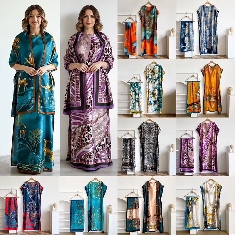 Women's Elegant Floral All-Over Printed Long Robe Set, Beachwear Sun Protection Satin Scarf & Headband, Fashionable Shawl Dress
