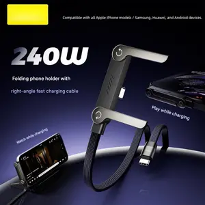 Invisible Holder Charger Cable with Stand, 240w fast charging 2-in-1 Fast Charging Cord & Phone Stand for Gaming, Office, Car Travel, Compatible with iPhone Type-C charging cable Black