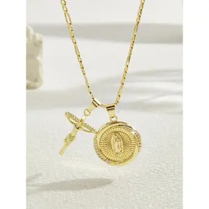 Punk Fashion Jesus Cross & Virgin Guadalupe Pendant Necklace, 14k Gold Plated Classic Pendant, 24-in Flat Chain, Luxurious Costume Jewelry, Holiday Gift