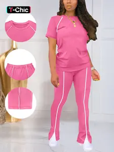 Summer Fashion New Round Neck Short Sleeve Fitted Top & Long Pants Set, Women's Two-Piece Set