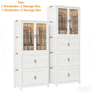 Foldable Plastic Wardrobe Storage Cabinet with Wheels - Stackable Organizer with Doors for Clothes, Bedroom, Closet