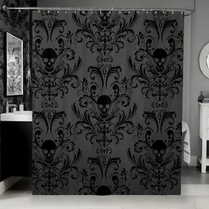 Feelyou Washable Multi-Size Vintage Gothic Bathroom Decor Set - Black Damask Waterproof Fabric Shower Curtain with Digital-Print Antique Victorian Floral Print, Exotic Sugar Skulls Accessory, Floral Print Curtains