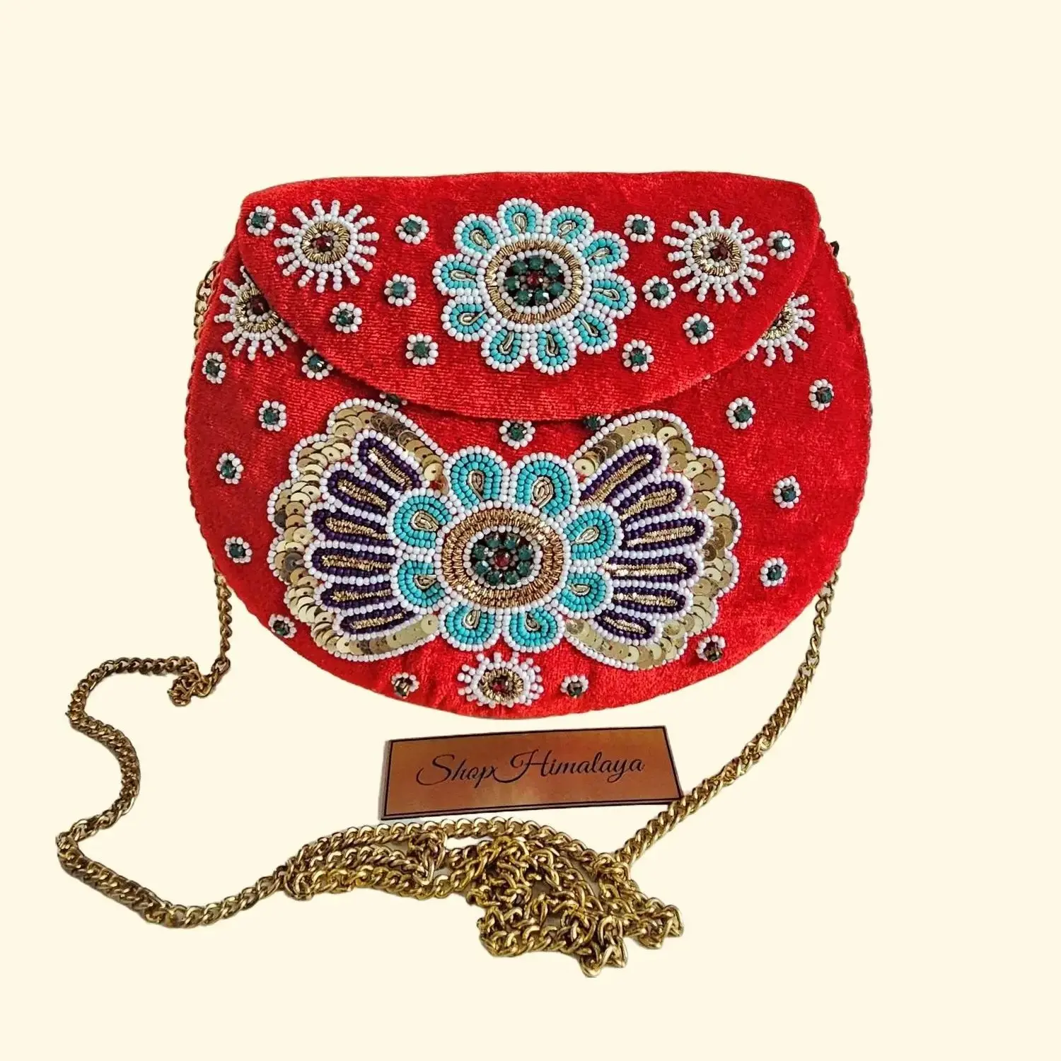 Intricate Beaded Red Velvet Clutch Artisanal Bohemian Crossbody Bag for Evenings & Weddings with Gold-Tone Chain Strap