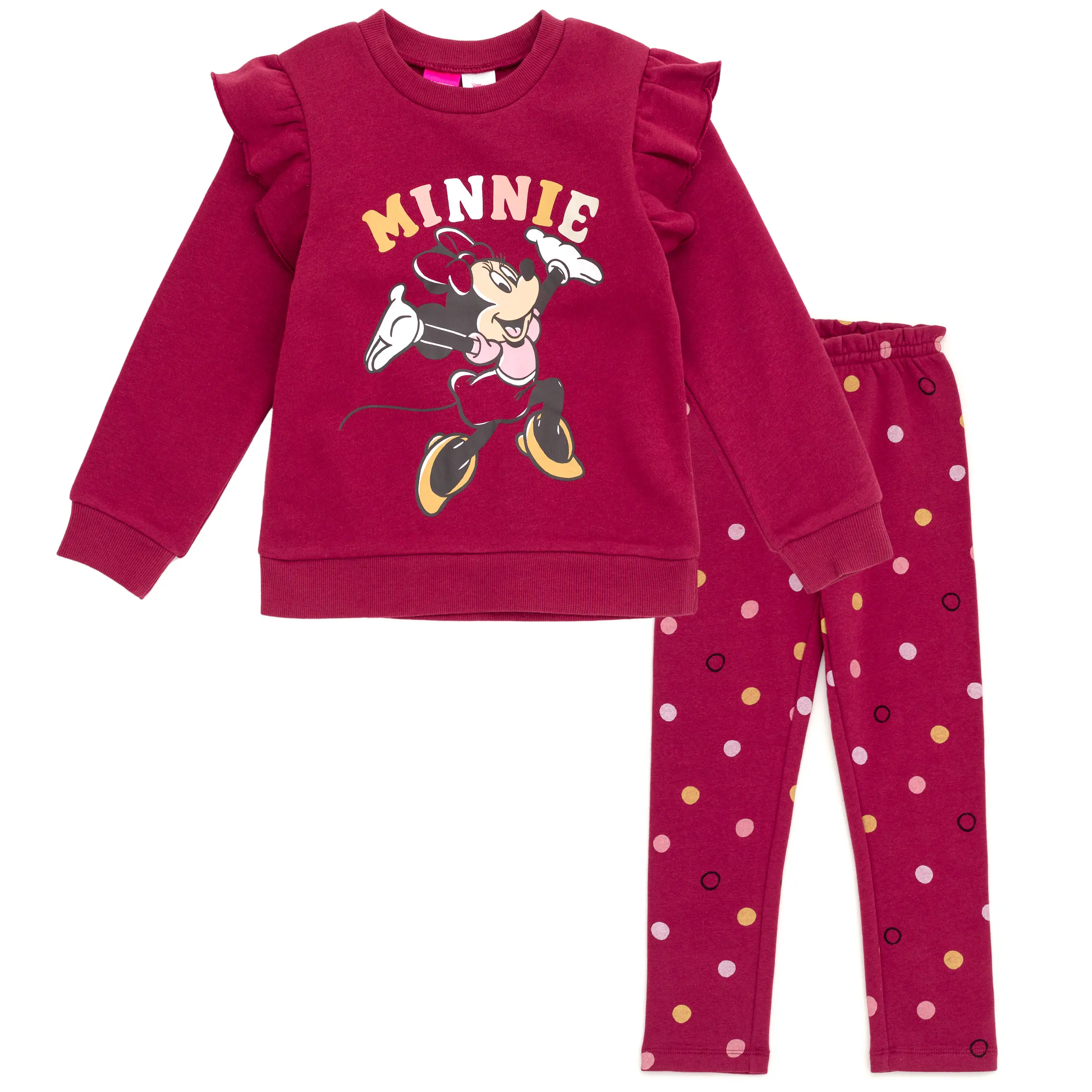 Disney Girls' 2-Piece Fleece Minnie Mouse Cartoon Allover Prints Sweatshirt & Pants Set, Casual Wear, Snug Fit, Elastic Waist, 3-4 Years (Toddler to Big Kid)