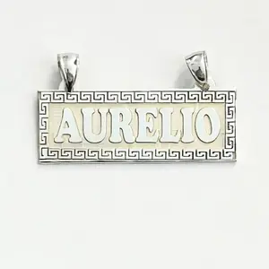 Sterling Silver Custom Name Plate with Rectangle Background and Greek Border, Name Plate for Men & Women, Sterling Silver Custom without Chain (Please Add Your Name in the "Add Notes" Section" 14mm by 42mm