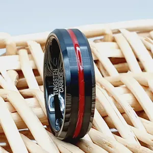 Engraved Firefighter Thin Red Line Ring for Men - Black Tungsten Band - Wedding Size 5-13 - Promise Ring for Him - Engagement Ring