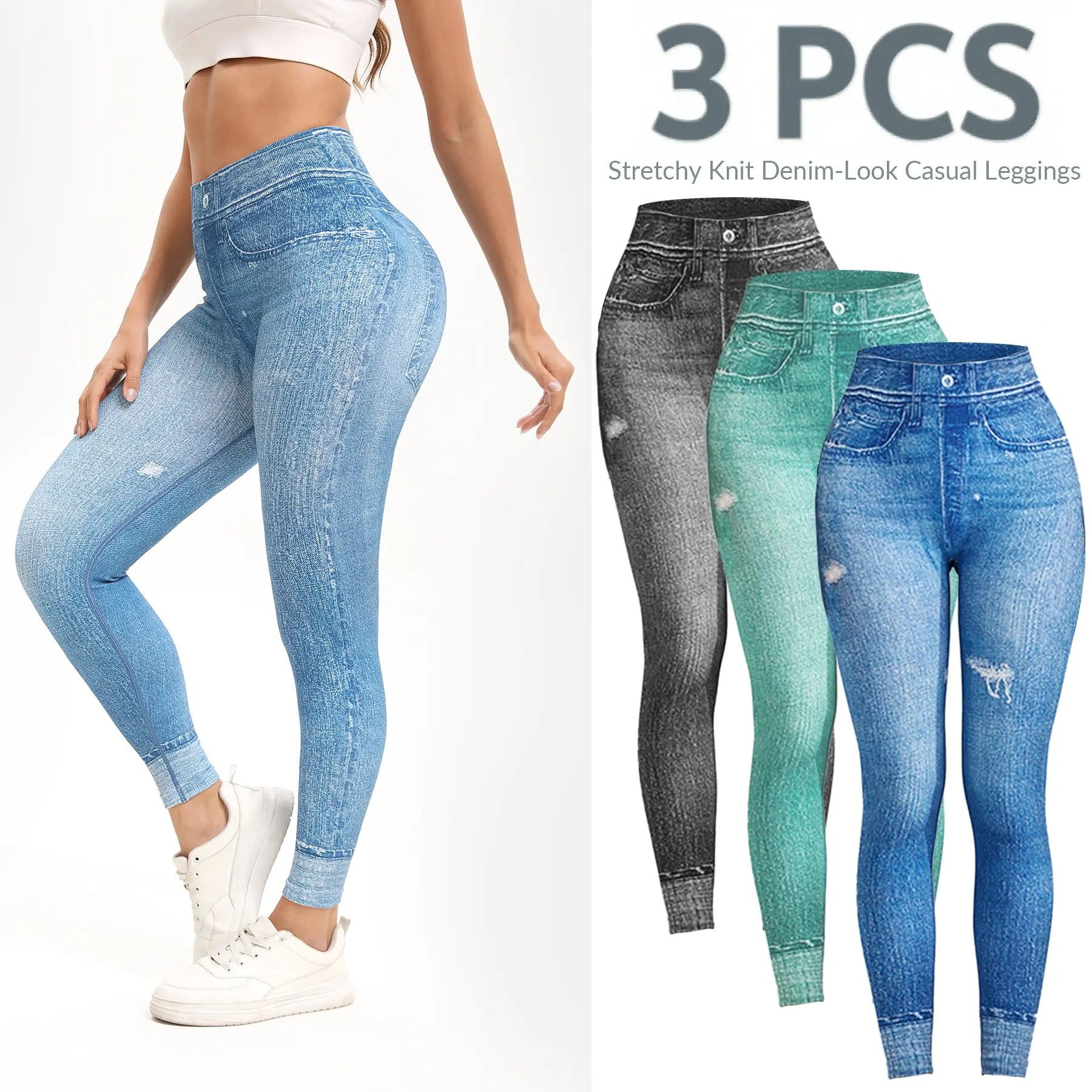 3 Pack High Waisted Denim-Look Leggings for Women - Stretchy Knit Casual Jeggings, Soft Slim Fit Fake Denim Pants with Pockets