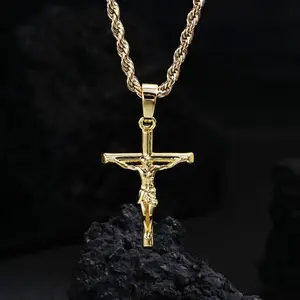 14K Stainless Steel Gold Plated Rope Chain Cross Pendant Necklace 4MM Cross Necklace Clasp for MEN, HUSBAND Thin for Charms Miami Cuban Link Diamond Cut Religious Crucifix