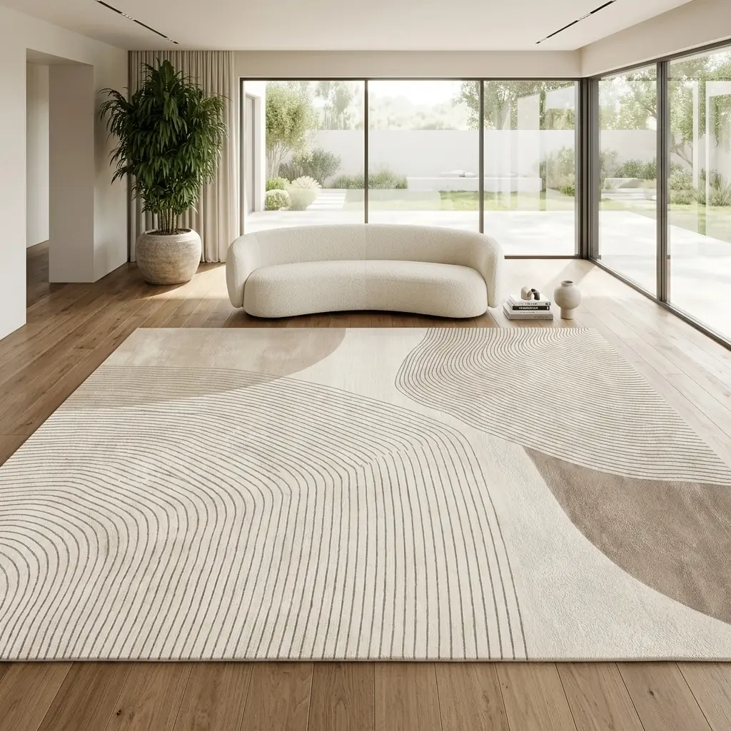 RUGIXE Machine Washable Cream Neutral Area Rug 8x10 5x8 4x6 ft, Minimalist Wavy Soft Velvet Low Pile Rug with TPR Non Slip Backing, Comfortable Durable Wear Resistant Beige Floor Carpet for Living Room Bedroom Nursery Dining