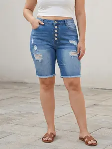 Women's Ripped Denim Capri Pants, Washed Stretch Fabric, Casual Slim Fit Mid Waist Jeans, Spring & Fall Fashion, Button Fly Closure