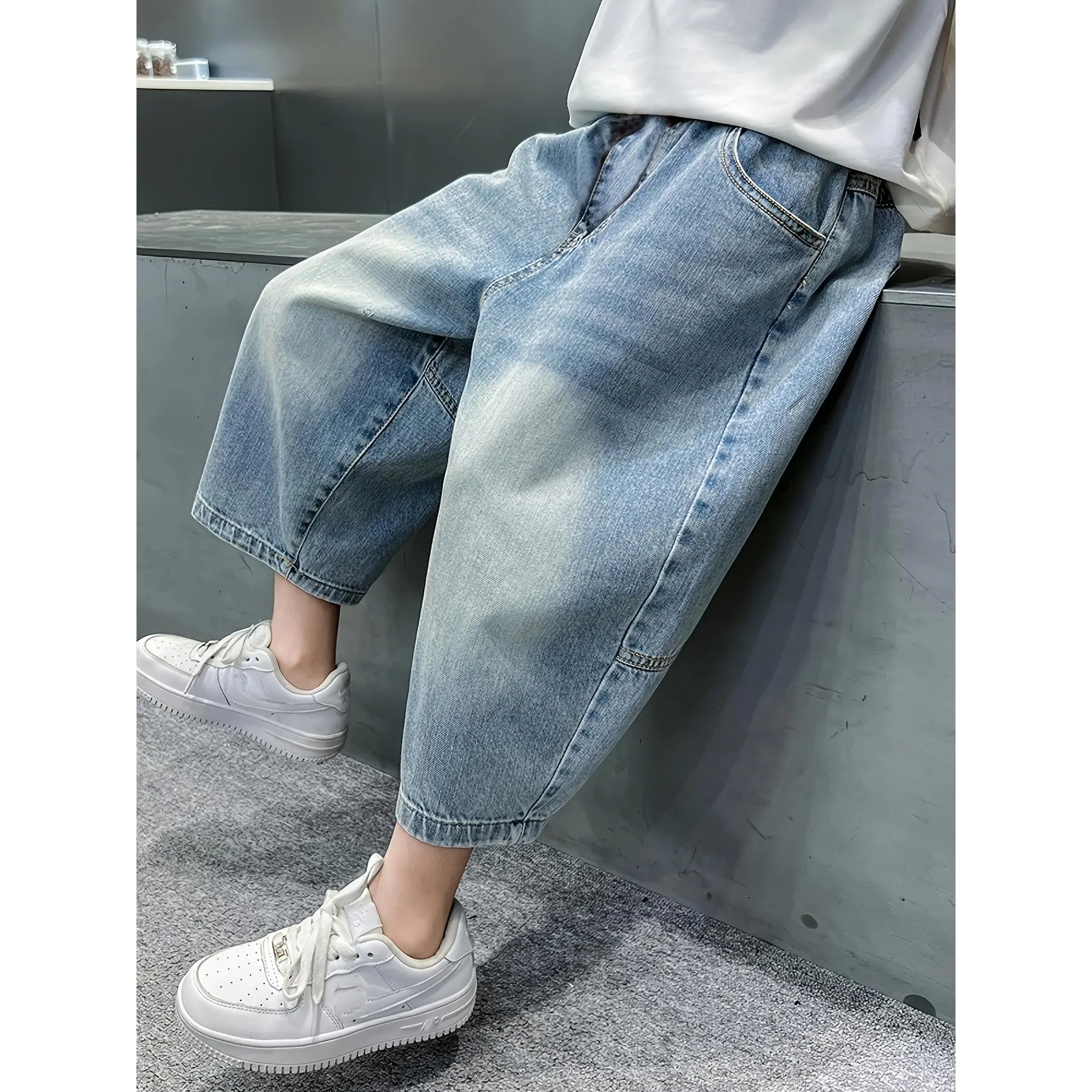 Boys' Denim Capri Jeans (Gift, 5-14Y Including 5-6Y,7-8Y,9-10Y,11-12Y) - Stylish Letter Embroidery, Summer Comfortable Durable, Suitable for Street Fashion Casual Vacation Use, 5 To 14Y