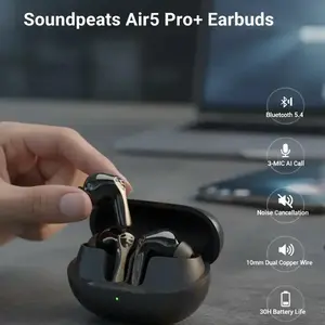 Soundpeats Air5 Pro+ Bluetooth 5.4 Earbuds 3-MIC AI Call Noise Cancellation 10mm Dual Copper Wire Composite Diaphragm Speaker + XMEMS Micro Speaker LDAC + aptX Lossless Supports Dual Connection & Gaming Mode 30H Total Battery Life