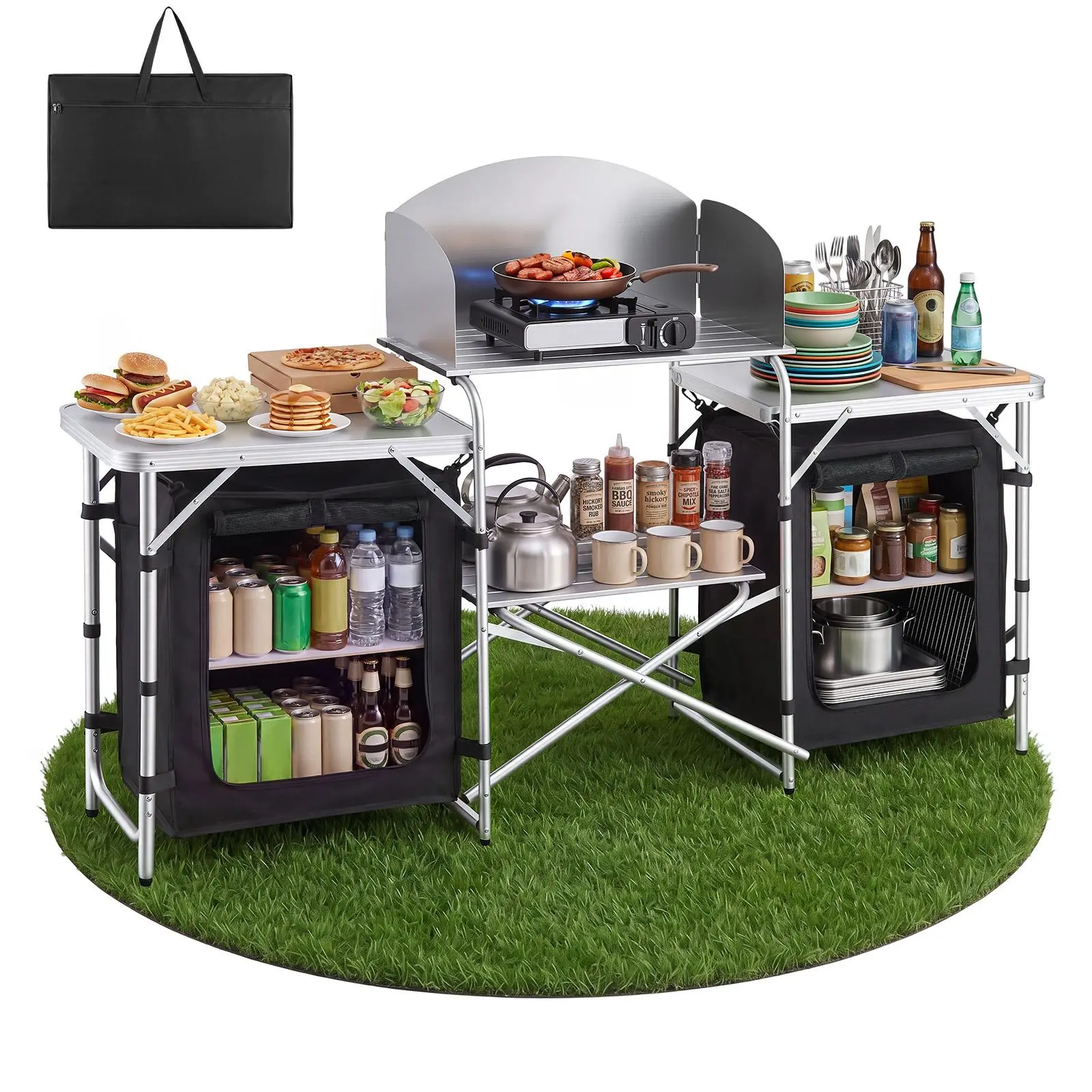 【SummerFinds】VEVOR Folding Camping Table, Outdoor Portable Aluminum Lightweight Table, Quick Set-up Kitchen Cook Station, with Storage Organizer, Detachable Windscreen, Carrying Bag, Ideal for Picnic BBQ Traveling