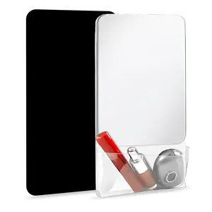 Magnetic Locker Mirror with Fully Magnetic Back, 9.45" x 5.51" Small Real Glass Super Clear Reflection Makeup Vanity Mirror with Storage Pocket for School Locker Refrigerator Office Cabinet - White, 1 Pc, Rectangle Mirror