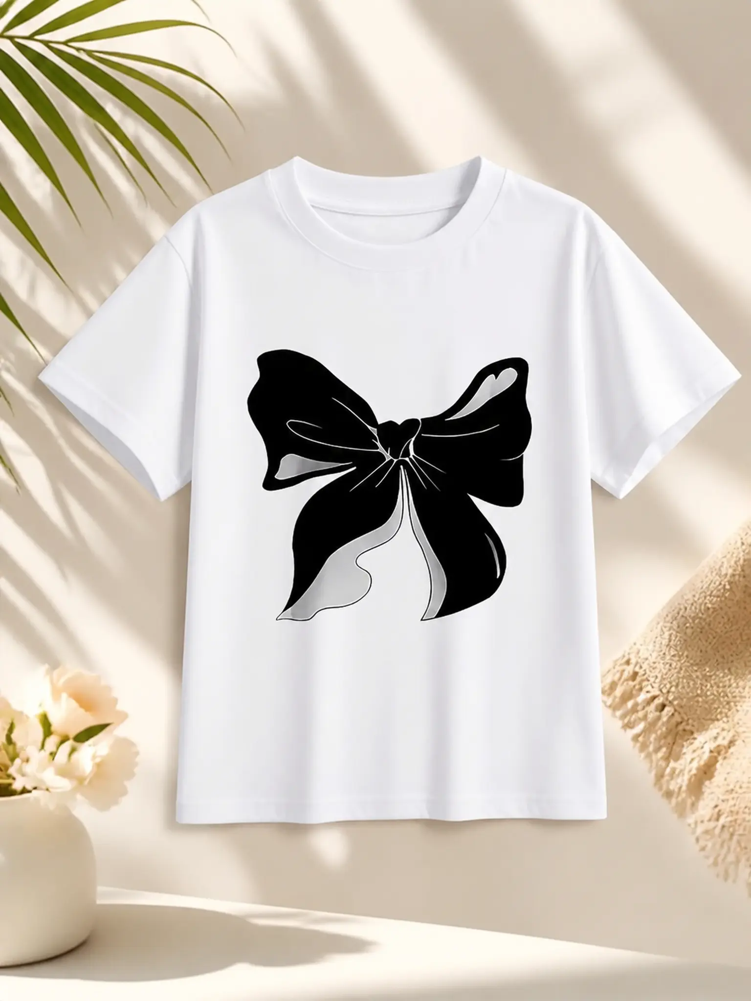 (Only T‑Shirt)Black Bow Graphic Kids T-Shirt, Minimalist Bow Short Sleeve Cotton White Girls Tee