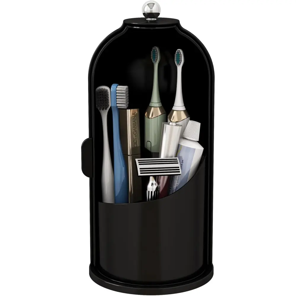 All Black Dustproof Toothbrush Holder with 360° Rotating Base, Multi Compartment Bathroom Counter Organizer, Sealed Dome Storage Caddy for Electric Toothbrushes, Toothpaste, Razors & Family Oral Care Grooming Accessories