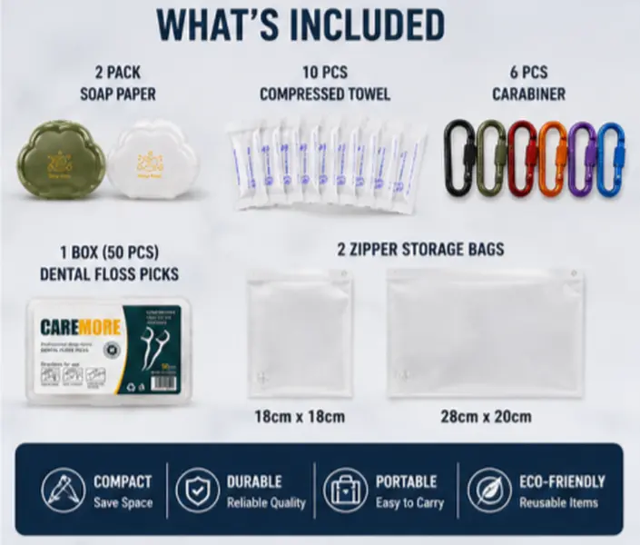 21-piece outdoor camping bathroom set: soap, compressed paper towels, towel, buckle closure, sealed storage bag—hiking travel gear